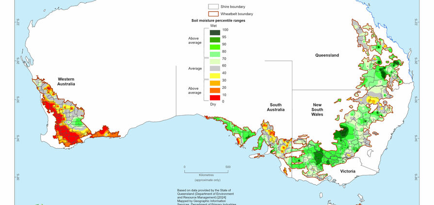 Soil moisture ranking map, 17 April 2024 (based on data starting from October 2023). Produced by Dr David Stephens, Agrometeorology Australia 
