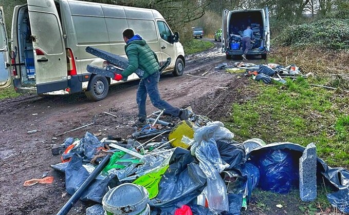 Officers arrived on the scene and made the offenders clean up the rubbish they had fly-tipped near the Packington Estate (Warwickshire Rural Crime Team)