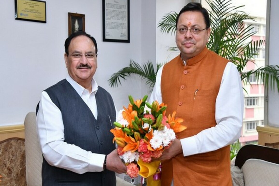 Delhi: Uttarakhand CM Pushkar Singh Dhami meets Union Health Minister JP Nadda to discuss healthcare in state