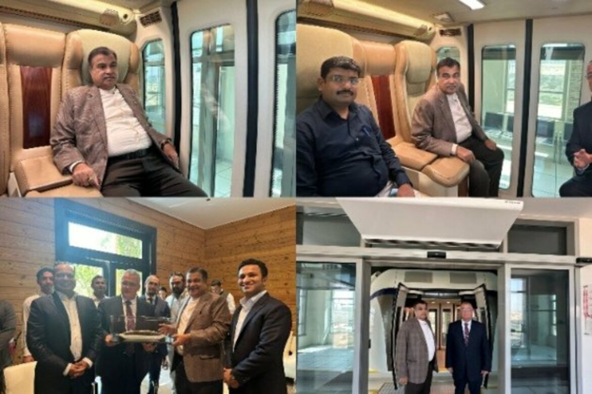 Nitin Gadkari takes test ride of sky bus in Sharjah