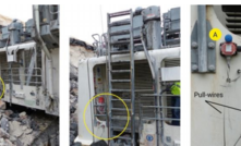 Circles indicate where the accident happened, showing the ladder in the final (left) and upright (middle) positions with the handrail, platform and emergency shutdown (A) and ladder (B) switches (close-up, right).