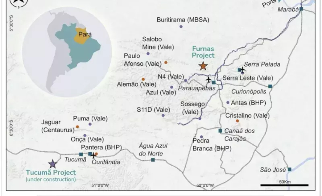 Mapa com localização do projeto Furnas da Vale e Ero Copper