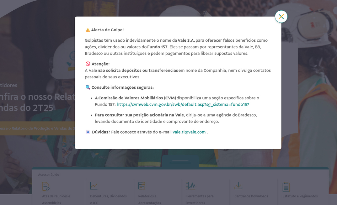 Alerta de golpe em página de investidores da Vale