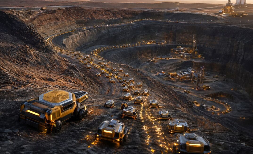 Ilustração gerada por IA do conceito de mineração com enxame de robôs