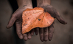 Hands of a child working in the coal mines of Meghalaya, India. 