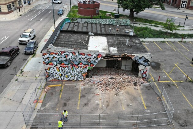 Collapsed wall at former Bar Bar closes Champa Street in downtown Denver
