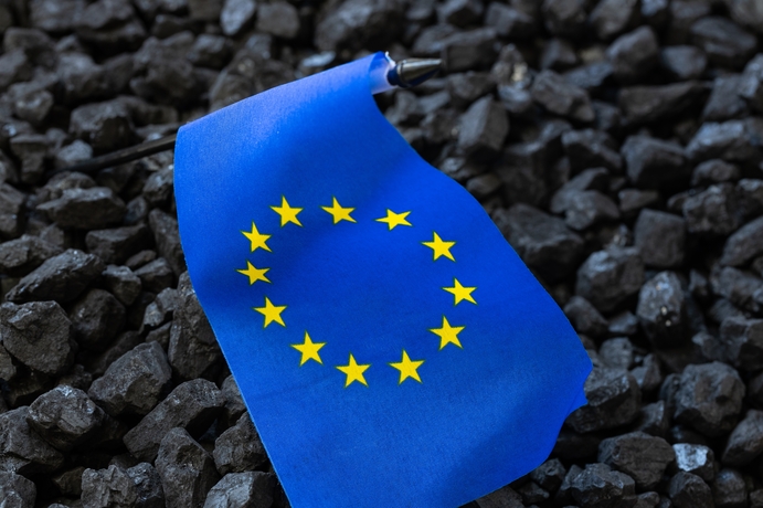 European Union flag against the background of coal