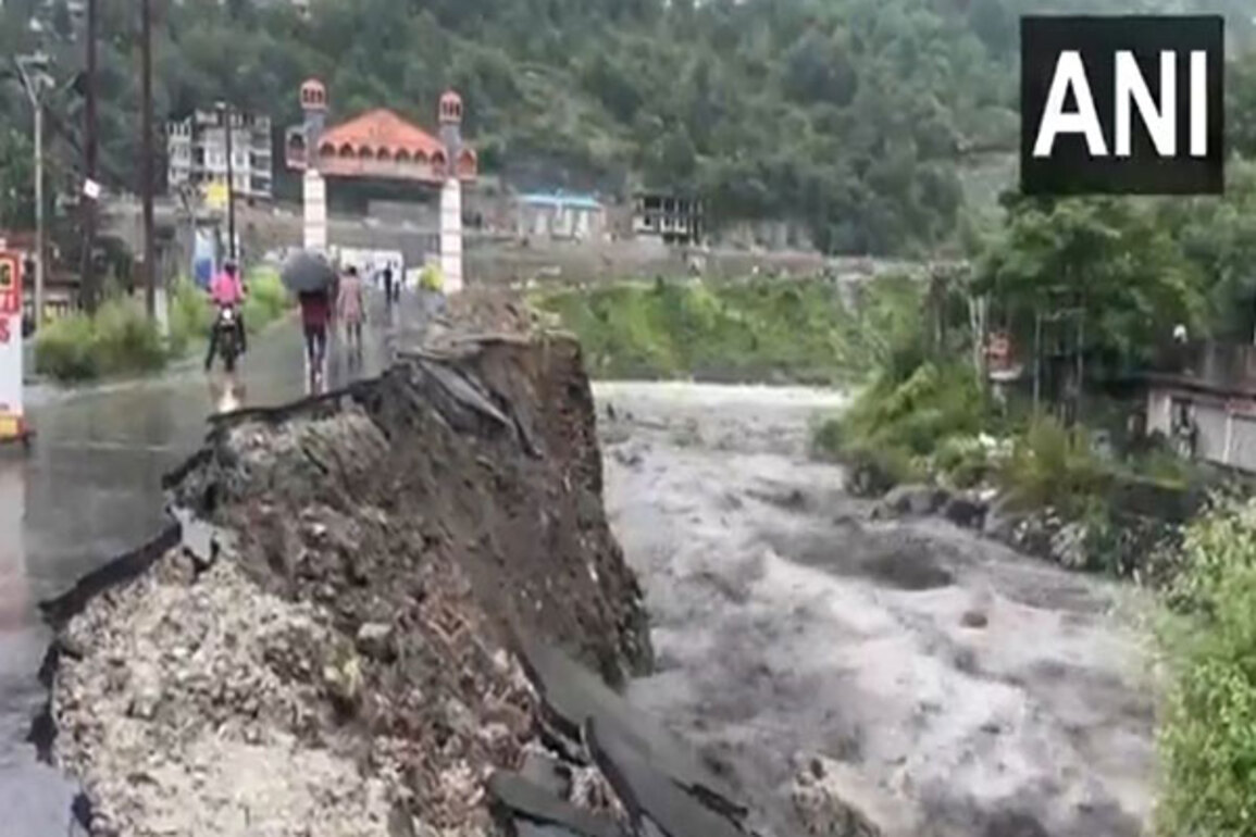 Himachal Pradesh rains: Road damaged near Bhoothnath bridge over the raging Beas river in Kullu