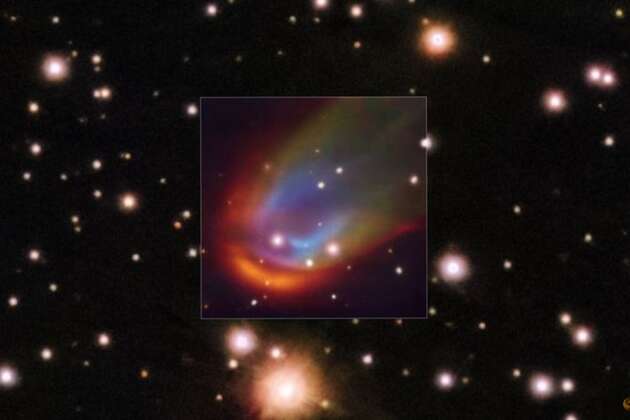 Astronomers spot white dwarf star creating a colorful shockwave