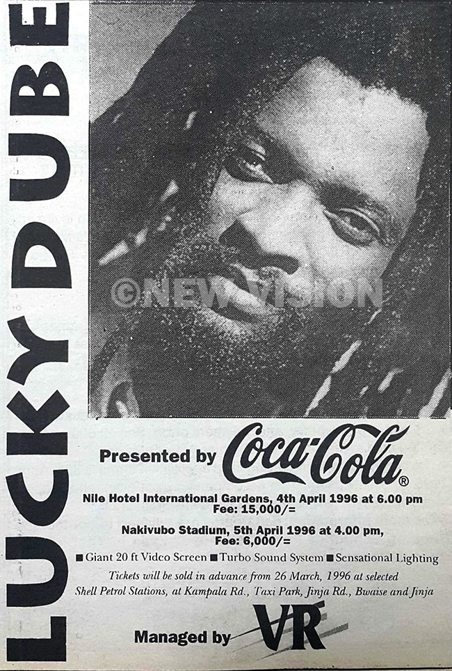  he advert for ucky ubes concerts in 1996 at ile otel and akivubo stadium