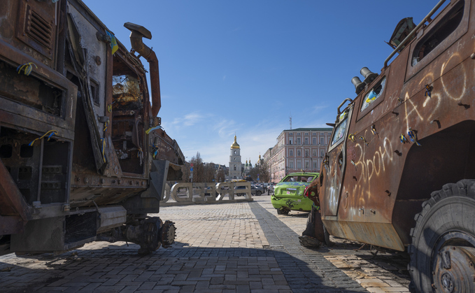 A view of the Sophia Kyivska in Kyiv, framed by destroyed Russian war machinery - Credit: iStock