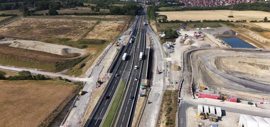 A43 looking towards Brackley with the two carriageways realigned across the new HS2 bridge July 2026