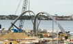 The second arch being lifted into place on the Elizabeth Quay pedestrian bridge project in July 2015.