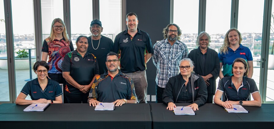 Rio Tinto Iron Ore corporate counsel Chloe Piper, Yinhawangka Aboriginal Corporation board member Rhonda Parker, Yinhawangka Aboriginal Corporation independent board member Nolan Hunter, Yinhawangka Aboriginal Corporation chief executive Liam Flanagan, Yinhawangka board member Jared Grabenhofer, Yinhawangka Aboriginal Corporation board member Gail Cox and Rio Tinto Iron Ore manager agreement making Eloise Hoffman.