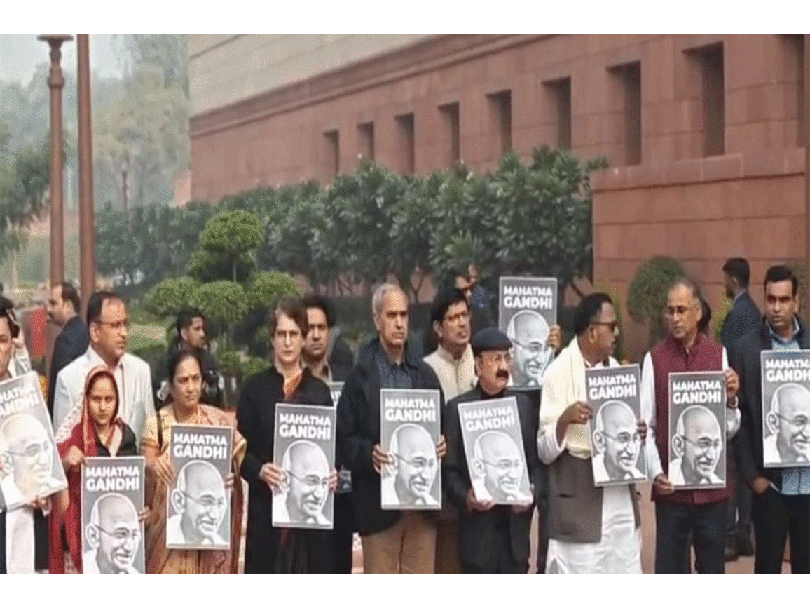 Members of the opposition stage protest against VB G-RAM-G Bill in Parliament