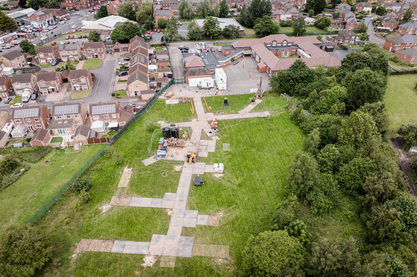 An aerial shot of the borehole drilling at Marshland Primary Academy for ground source heat pump installation by Kensa