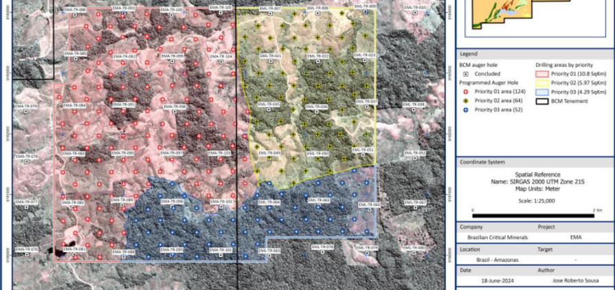 Mapa de exploração da Brazilian Critical Minerals no projeto de terras raras Ema
