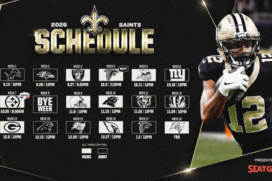 Saints 2026 schedule presented by SeatGeek announced