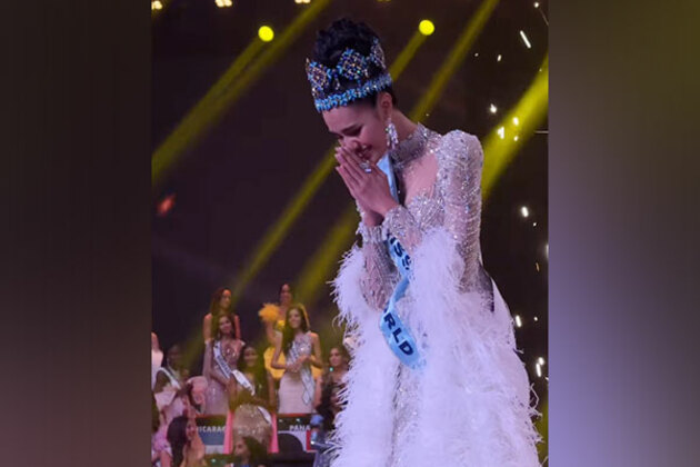 Miss World 2025 Opal Suchata greets audience with a traditional 'Namaste' gesture
