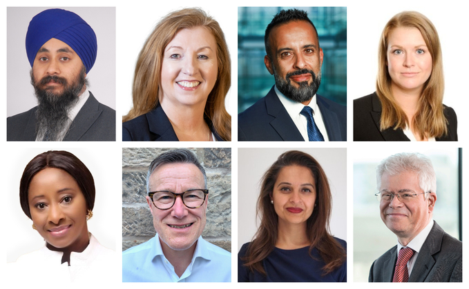 (Top row L-R:) Dalbir Singh, Sue Amies-King, Bill Jangra and Helen Tabiner (Bottom row L-R:) Busola Sodeinde, Russell Baird, Sonia Gogna and Simon Gadd 