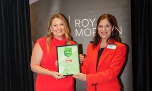 Elders GM Residential Real Estate and Brand, Belinda Connor (left), accepting the award, presented by Roy Morgan CEO, Michele Levine, for Australia's most trust agribusiness brand. 