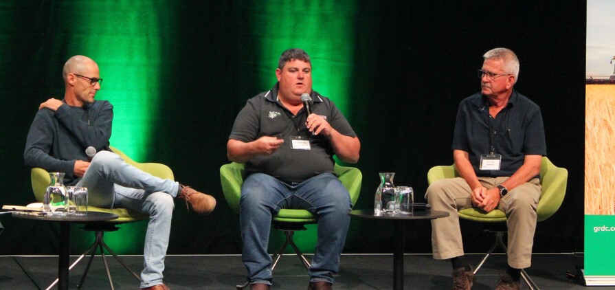 Agronomists Sam Holmes and Michael Moodie and consultant Bill Long at the GRDC Update in Adelaide earlier this year. Photo by Claire Harris.