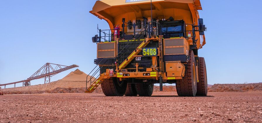 One of the two Caterpillar 793 XE Early Learner battery-electric trucks at Jimblebar.