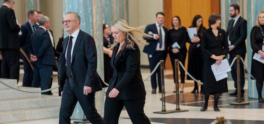 CANBERRA, AUSTRALIA - Sep 22, 2022: The Prime Minister of Australia Anthony Albanese and his partner Jodie Haydon in Parliament House.