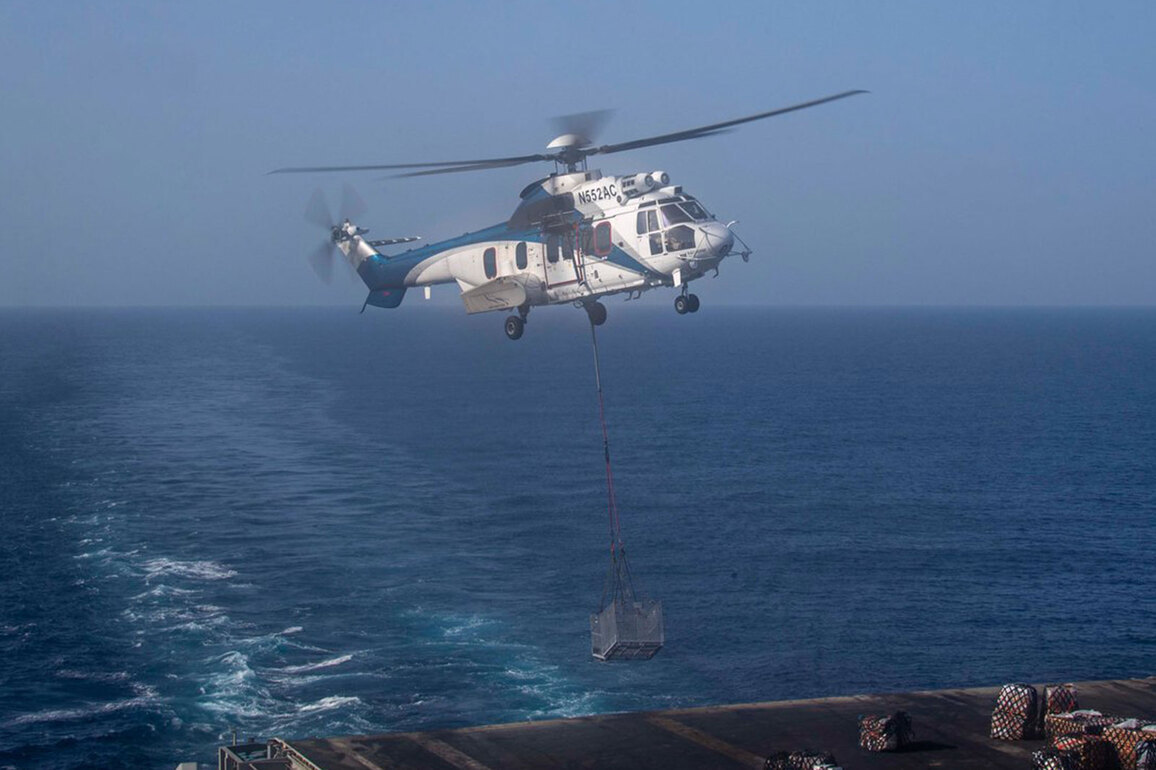 USS Abraham Lincoln enforcing naval blockade near Iranian ports; Receives supplies during vertical replenishment: CENTCOM