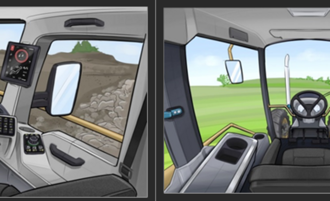 Two conceptual examples of Grayhill’s CAN-bus keypads and joysticks integrated with an interface display inside the vehicle cab right on the dashboard