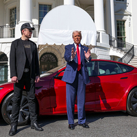 Trump buys "beautiful" red Tesla at White House alongside "patriot" Musk