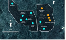 Map showing the four uranium deposits that contain historic resources, and eight targets where prior drilling intersected good grades
