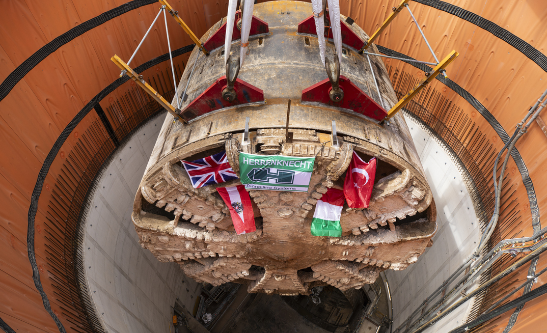 TBM Caroline being lifted out of vent shaft at Green Park Way, Greenford after boring for five miles for HS2