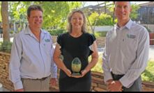 GRDC Western Region Panel chair Darrin Lee, Seed of Light Award recipient Julianne Hill, and GRDC senior regional manager - west Peter Bird. Picture courtesy GRDC.