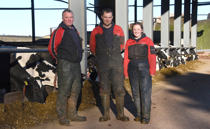 Russell Morgan (left) – pictured with  daughter Eleanor and herdsman Christian Dewfield