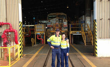 GE’s Fraser Borden and Rio Tinto’s Karen Richardson outside the maintenance workshop in Karratha, Western Australia