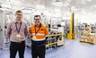 Dyno Nobel engineer & reliability manager Peacey Thompson and Incitec Pivot managing director and CEO Mauro Neves at the Helidon detonator plant. Credit: Dyno Nobel