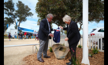  HMFD director Ross Edwards and Judy Brewer unveil a plaque honouring HMFD patron Tim Fischer AC. Picture courtesy HMFD.