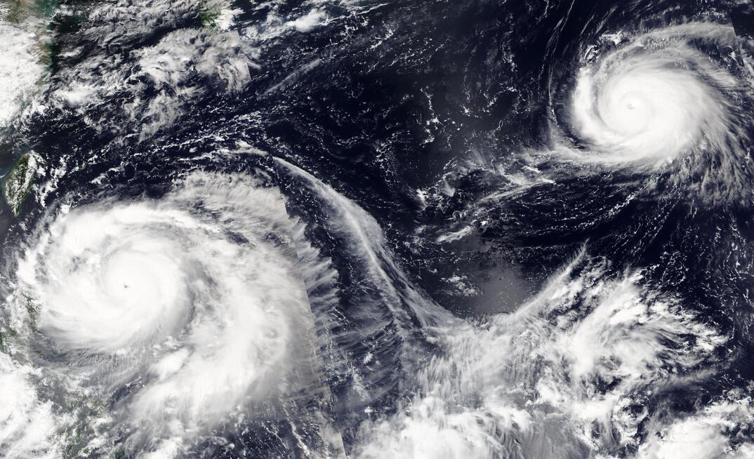 Two simultaneous tropical cyclones on September 20, Ragasa (left), and Neoguri (upper right) – both went on to become violent typhoons.