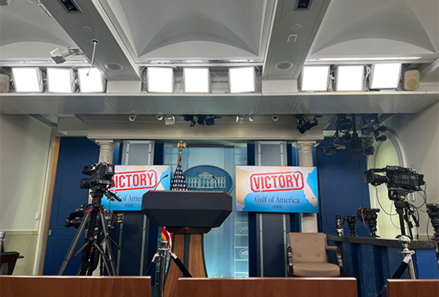 White House briefing room TV screens display "Victory" and "Gulf of America"