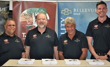  (L-R) Tjiwarl AC director Kado Muir, Bellevue chairman Kevin Tomlinson, Tjiwarl AC chairman Brett Lewis and Bellevue CEO Darren Stralow