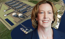 Woodside CEO Meg O’Neill in front of the 16.5 mtpa Louisiana LNG project slated to start up in 2029