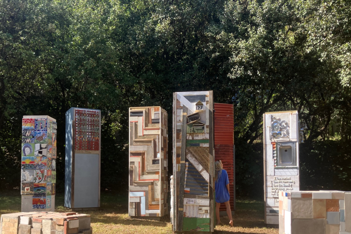 Sculpture made from pieces of cyclone and flood-wrecked homes in Muriwai unveiled