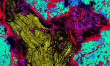 Ureilite cross-section showing lonsdaleite, captured with CSIRO’s electron probe microanalyser. Iron in red, magnesium in green, silicon in blue, lonsdaleite in yellow and diamond in pink. 