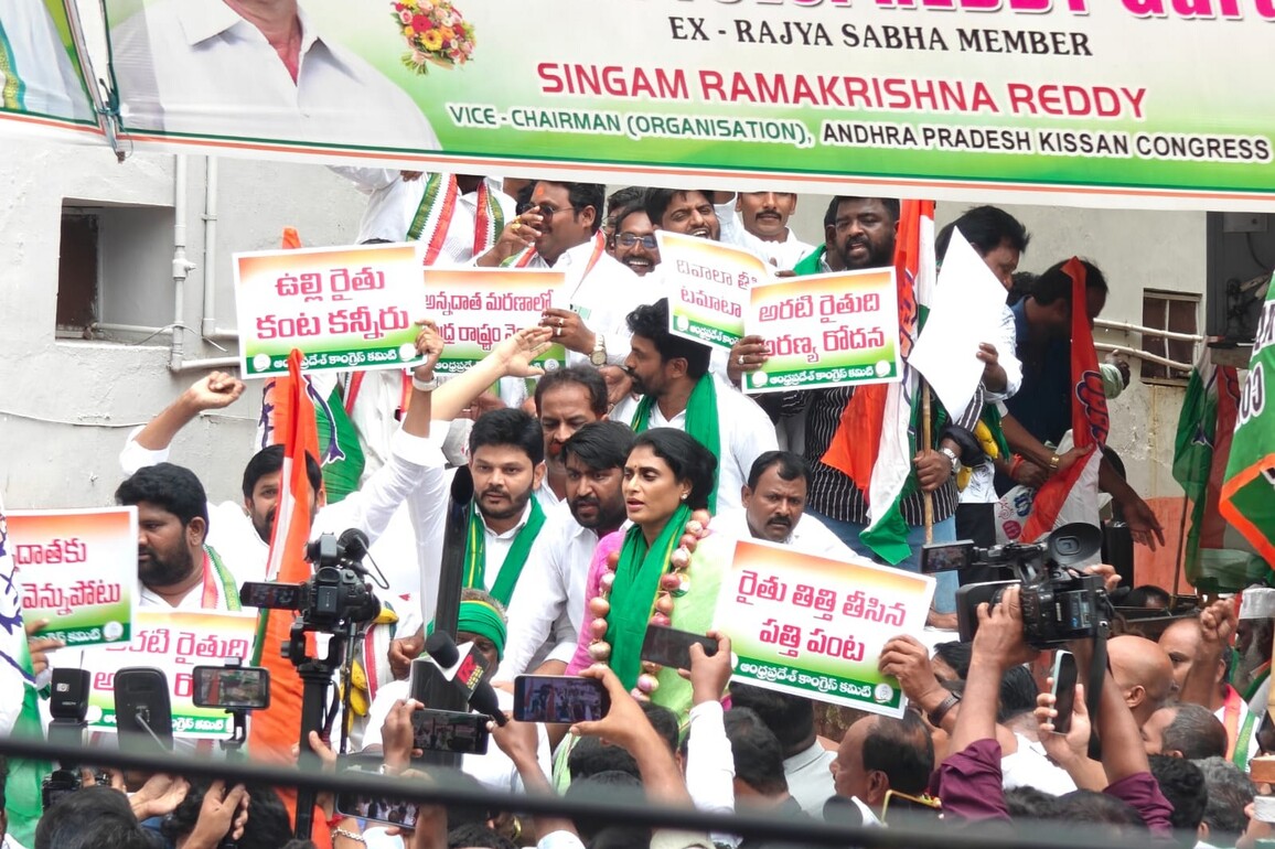 APCC chief YS Sharmila holds protest in Vijayawada demanding fulfilment of farmers' rights