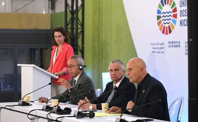 (L-R) Moderator Martina Donlon; Li Junhua, Secretary-General of UNOC3; Arnoldo André Tinoco, foreign minister of Costa Rica; and Olivier Poivre D'Arvor, Special Envoy of France for the UNOC3 | Credit: UN Department of Economic and Social Affairs (L-R) Moderator Martina Donlon; Li Junhua, Secretary-General of UNOC3; Arnoldo André Tinoco, foreign minister of Costa Rica; and Olivier Poivre D'Arvor, Special Envoy of France for the UNOC3 | Credit: UN Department of Economic and Social Affairs