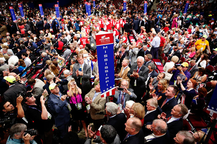  elegates from ississippi take part in the roll call in support of presumptive epublican presidential candidate onald rump on the second day of the epublican ational onvention on uly 19 2016 at the uicken oans rena in leveland hio  in cameeetty mages