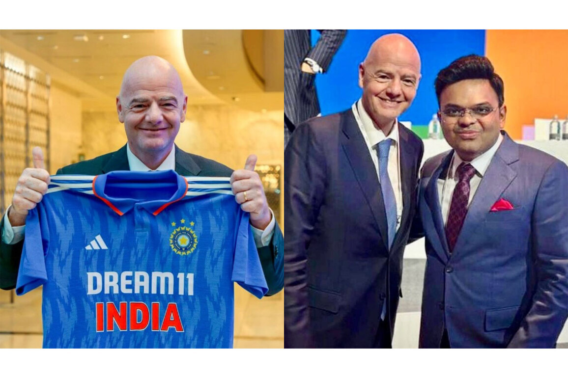 FIFA President Gianni Infantino congratulates ICC Chairman Jay Shah on ICC Men's T20 World Cup 2026 success
