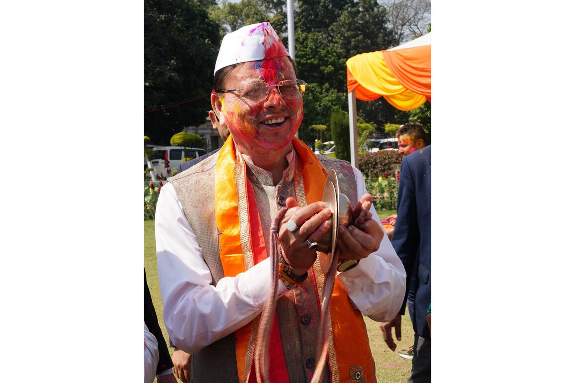 Uttarakhand CM Pushkar Singh Dhami celebrates Holi with public at official residence in Dehradun