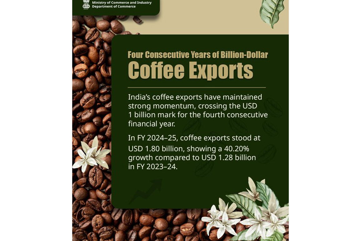 India's coffee exports hit USD 1.8 billion in FY25, continues four-year growth streak
